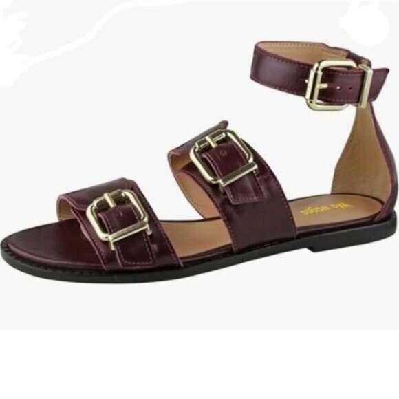 Wo Wagas Red Ankle Strap Sandals Buckle Flats Chunky Low Heels Round Toe Shoes - Picture 1 of 8